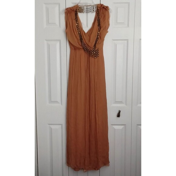 CRIS BARROS Long ORANGE  dress with SILK lining Beads antique inserts Size 38 - Picture 4 of 16